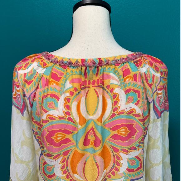 Hale Bob 100% Silk Beaded Neckline Multicolor Print Women's Blouse XS - Picture 7 of 11